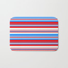 [ Thumbnail: Blue, Red & Mint Cream Colored Stripes Pattern Bath Mat ]