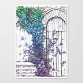 Closed Window and Door with Purple, Blue and Green Nature Canvas Print