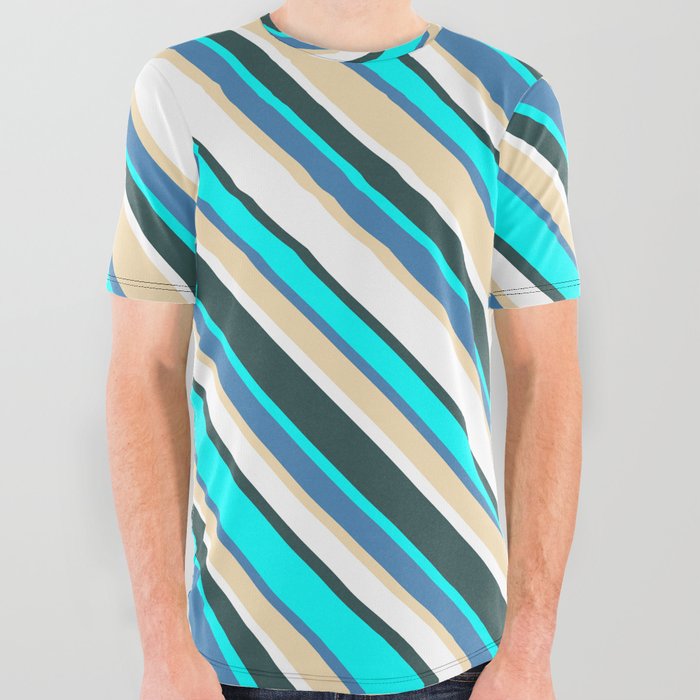 Eye-catching Blue, Tan, White, Dark Slate Gray, and Cyan Colored Lined/Striped Pattern All Over Graphic Tee