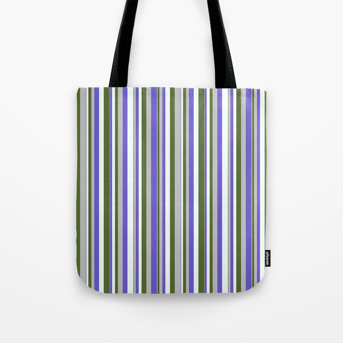 Grey, Slate Blue, Mint Cream & Dark Olive Green Colored Stripes/Lines Pattern Tote Bag
