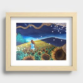 Girl walks through a field of summer sunflowers Recessed Framed Print