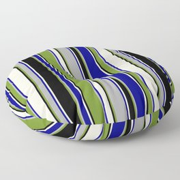 [ Thumbnail: Green, Dark Gray, Blue, Beige, and Black Colored Lined Pattern Floor Pillow ]