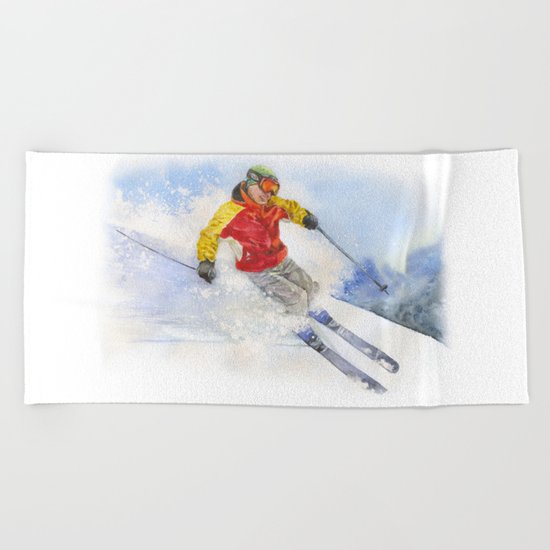 Skier, watercolor paintingon . Beach Towel