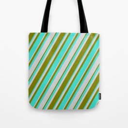 [ Thumbnail: Turquoise, Light Grey & Green Colored Lines/Stripes Pattern Tote Bag ]