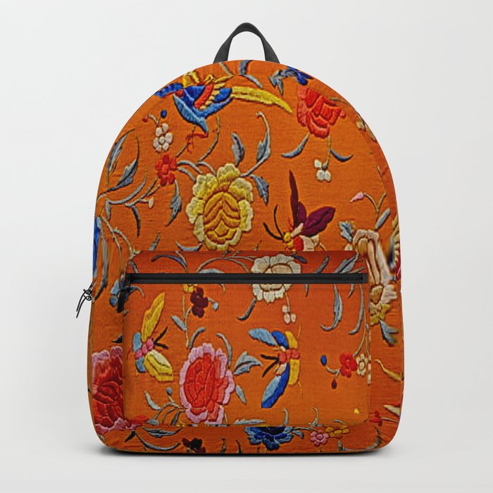 Embroidered Birds and Flowers on Orange  Backpack