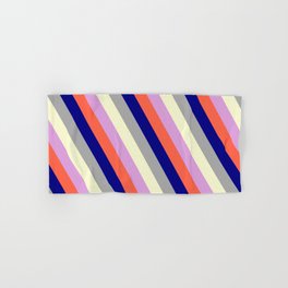 [ Thumbnail: Colorful Plum, Red, Blue, Dark Grey & Light Yellow Colored Lines/Stripes Pattern Hand & Bath Towel ]