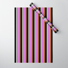 [ Thumbnail: Orchid, Chocolate, Black, Beige & Midnight Blue Colored Lined/Striped Pattern Wrapping Paper ]