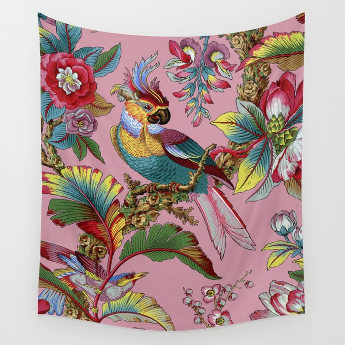 Tropical Birds on Pink, French Floral Chinoiserie Pattern from 1905 Wall Tapestry