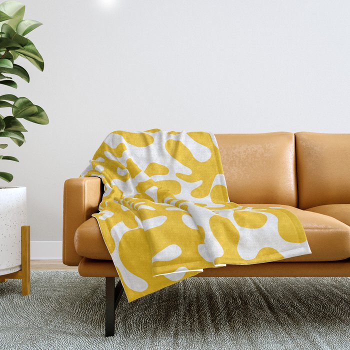 Yellow Matisse cut outs seaweed pattern on white background Throw Blanket