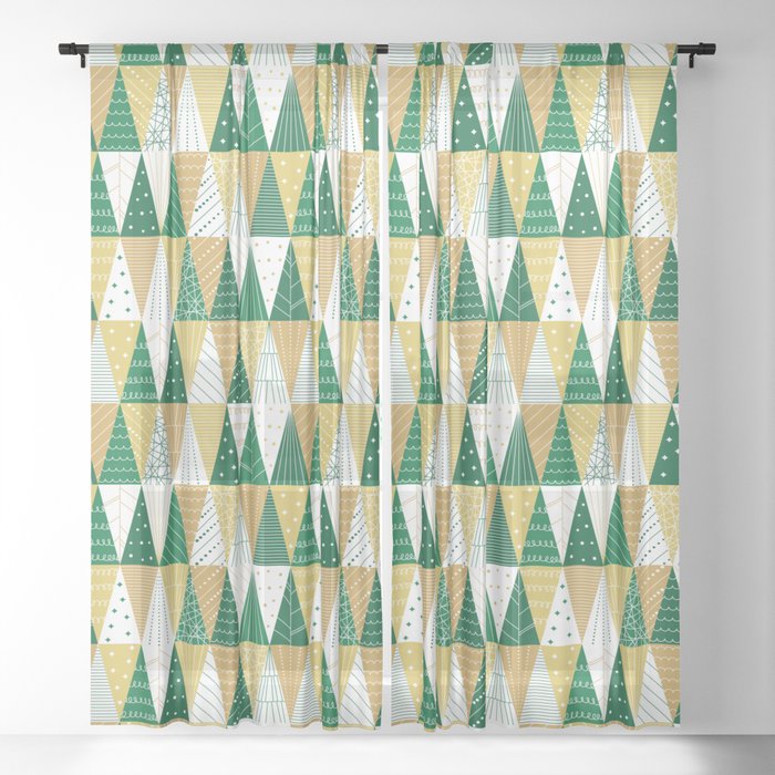 Green and Gold Minimalist Christmas Trees Sheer Curtain