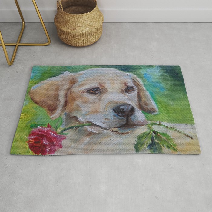 Labrador Dog With Rose Flower Cute Puppy Portrait Pet Painting Valentine S Day Gift For Dog Lover Rug By Canisart