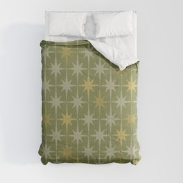 Midcentury Modern Atomic Starburst Pattern in Retro Olive Green and Vintage Celadon Tones Comforter