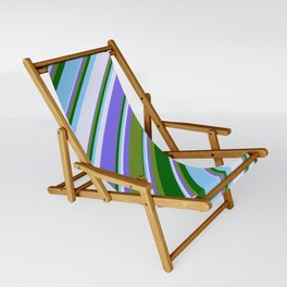 [ Thumbnail: Vibrant Medium Slate Blue, Green, Dark Green, Light Sky Blue & Lavender Colored Stripes Pattern Sling Chair ]