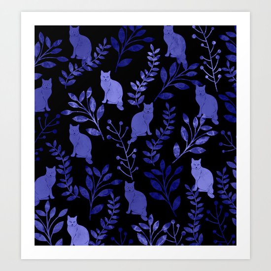 Watercolor Floral and Cat Art Print