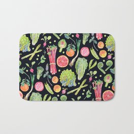 Spring Harvest Pattern Dark Bath Mat | Healthy, Vegetable, Gardening, Vibrant, Pattern, Watercolour, Vegan, Grapefruit, Beetroot, Fruit 
