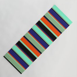[ Thumbnail: Vibrant Black, Dark Sea Green, Aquamarine, Red, and Midnight Blue Colored Pattern of Stripes Yoga Mat ]