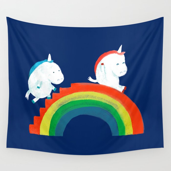Unicorn on rainbow slide Wall Tapestry