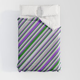 [ Thumbnail: Grey, Purple, Green & Lavender Colored Lines/Stripes Pattern Duvet Cover ]