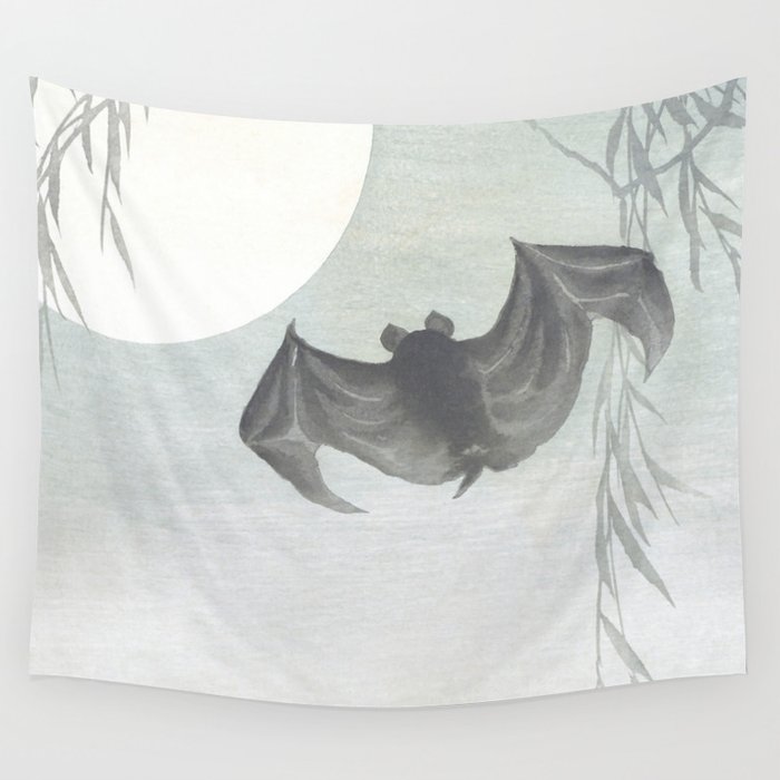 Flying Bat and Full Moon - Vintage Japanese Woodblock Print Art Wall Tapestry