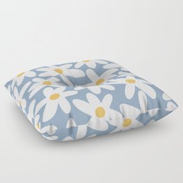 Daisy Time Retro Floral Pattern in Light Blue, White, and Mustard Floor Pillow