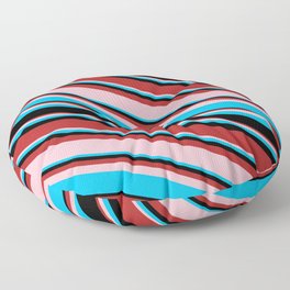 [ Thumbnail: Red, Pink, Deep Sky Blue, and Black Colored Stripes/Lines Pattern Floor Pillow ]