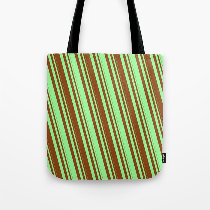 Brown and Green Colored Lined Pattern Tote Bag
