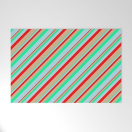 [ Thumbnail: Red, Tan, Green, and Light Blue Colored Lines Pattern Welcome Mat ]