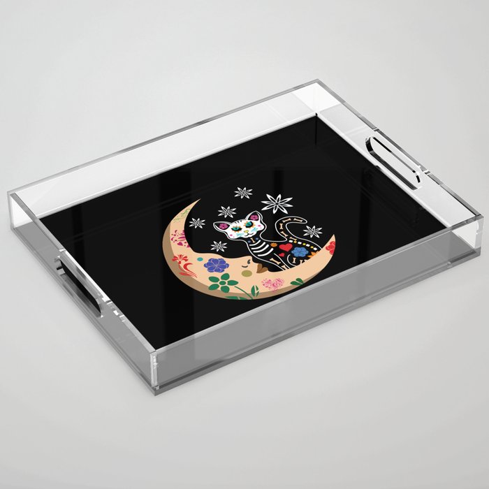 Muertos Day Of Dead Sugar Skull Cat Moon Halloween Acrylic Tray