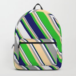 [ Thumbnail: Eyecatching Dark Grey, Tan, Lime Green, Midnight Blue, and White Colored Pattern of Stripes Backpack ]