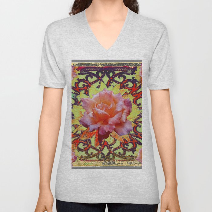 Floral Roses Rustic Cream-Brown  Abstract Pattern V Neck T Shirt