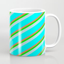 [ Thumbnail: Red, Lime, Powder Blue & Cyan Colored Lined/Striped Pattern Coffee Mug ]