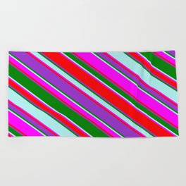 [ Thumbnail: Eyecatching Fuchsia, Red, Dark Orchid, Green & Turquoise Colored Lined Pattern Beach Towel ]