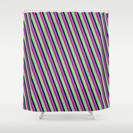 [ Thumbnail: Eye-catching Orchid, Crimson, Light Sky Blue, Chartreuse, and Dark Blue Colored Lined Pattern Shower Curtain ]