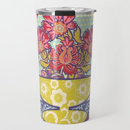 Spring Friends Quilt Block - Polka Dot Bird & Flowers - Folk Art Travel Mug
