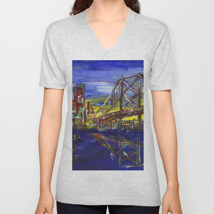 Philly Skyline with Ben Franklin Bridge V Neck T Shirt