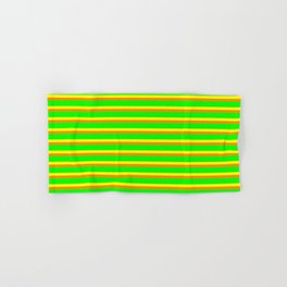 [ Thumbnail: Yellow, Dark Orange, and Lime Colored Lined/Striped Pattern Hand & Bath Towel ]