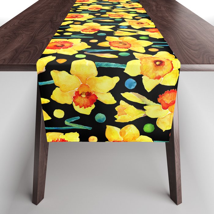 Yellow Daffodils with a Black Background Table Runner
