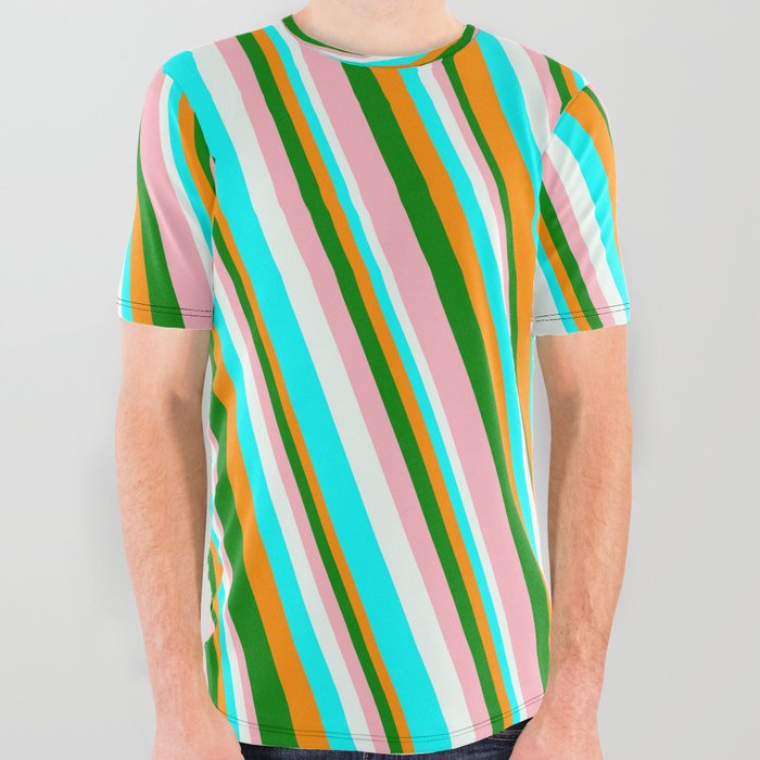 Vibrant Dark Orange, Green, Light Pink, Mint Cream, and Aqua Colored Striped/Lined Pattern All Over Graphic Tee