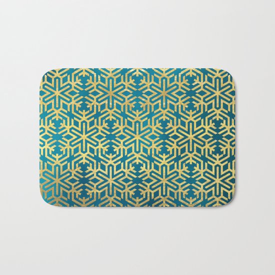 Turquoise and Gold Snowflake Pattern Bath Mat
