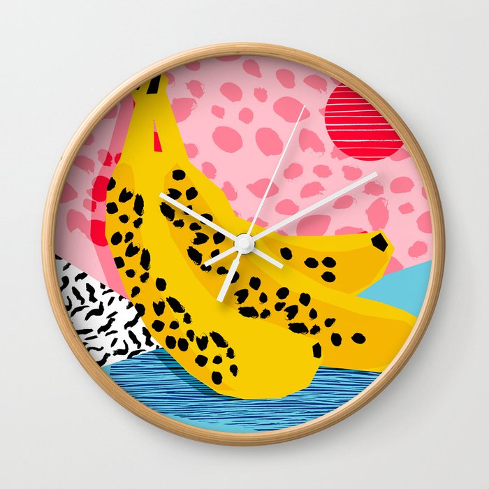 What It Is - memphis throwback banana fruit retro minimal pattern neon bright 1980s 80s style art Wall Clock
