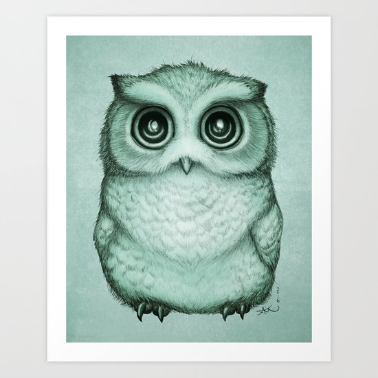"The Little Owl" ~ (Willow Leaf Version) Graphite & Ink Illustration, (c) 2016 Art Print