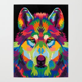 Colorful Wolfs Head On Black Background Poster