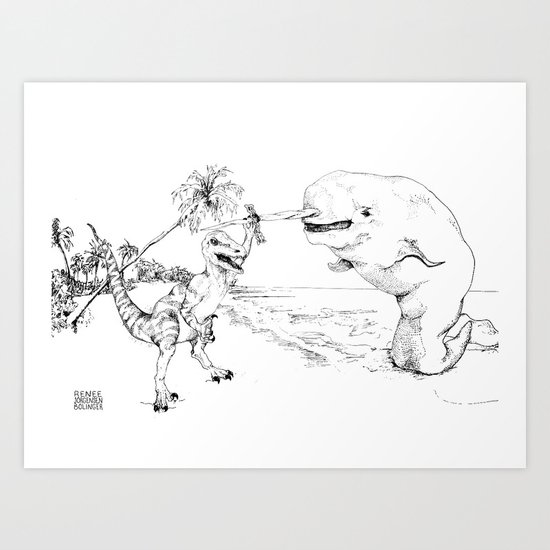 Narwal and Velociraptor Fighting over Bacon (v. 2) Art Print