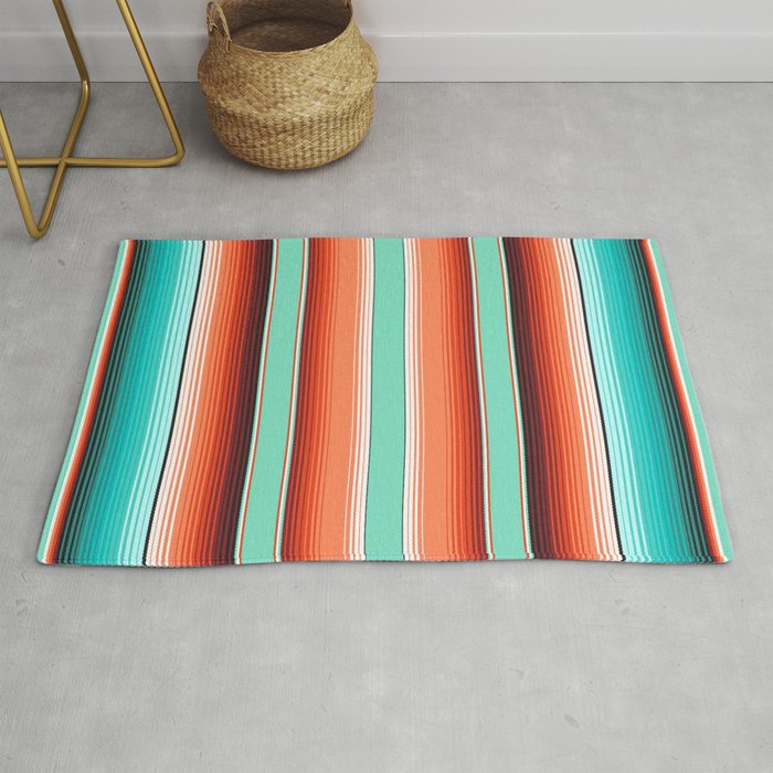 Teal Turquoise and Burnt Orange Southwest Serape Blanket Stripes Rug