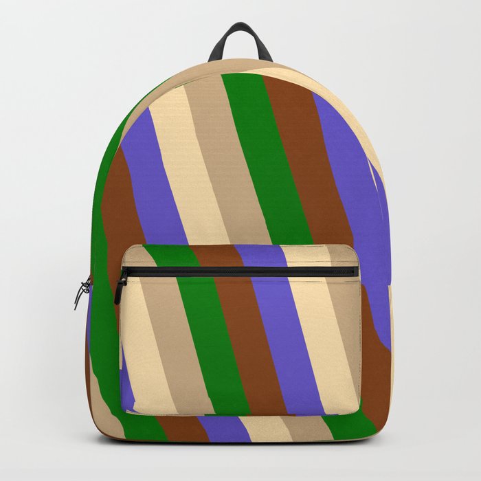 Eye-catching Brown, Green, Tan, Beige & Slate Blue Colored Pattern of Stripes Backpack