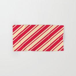 [ Thumbnail: Crimson and Tan Colored Pattern of Stripes Hand & Bath Towel ]