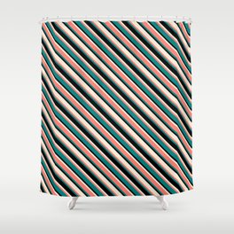 [ Thumbnail: Beige, Salmon, Teal, and Black Colored Lined Pattern Shower Curtain ]
