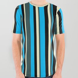 [ Thumbnail: Deep Sky Blue, Dark Slate Gray, Light Yellow & Black Colored Striped/Lined Pattern All Over Graphic Tee ]