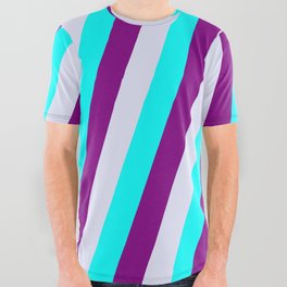 [ Thumbnail: Aqua, Purple, and Lavender Colored Lined Pattern All Over Graphic Tee ]