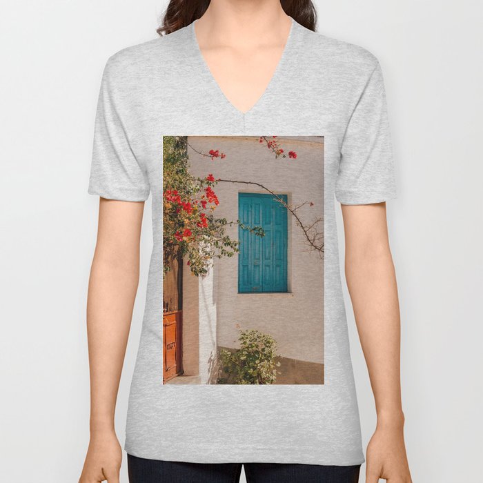 Greek Still Live- Blue Shutter Door with Red Flowers - Mediterranean Summer Vibe - Travel Photography V Neck T Shirt